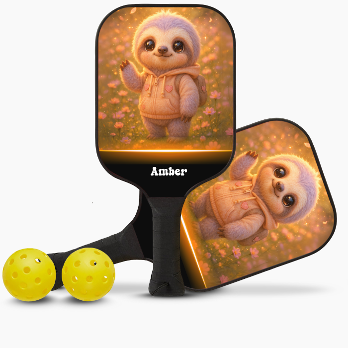 Pickleball paddle with sloth design and 'Amber' branding on a white background