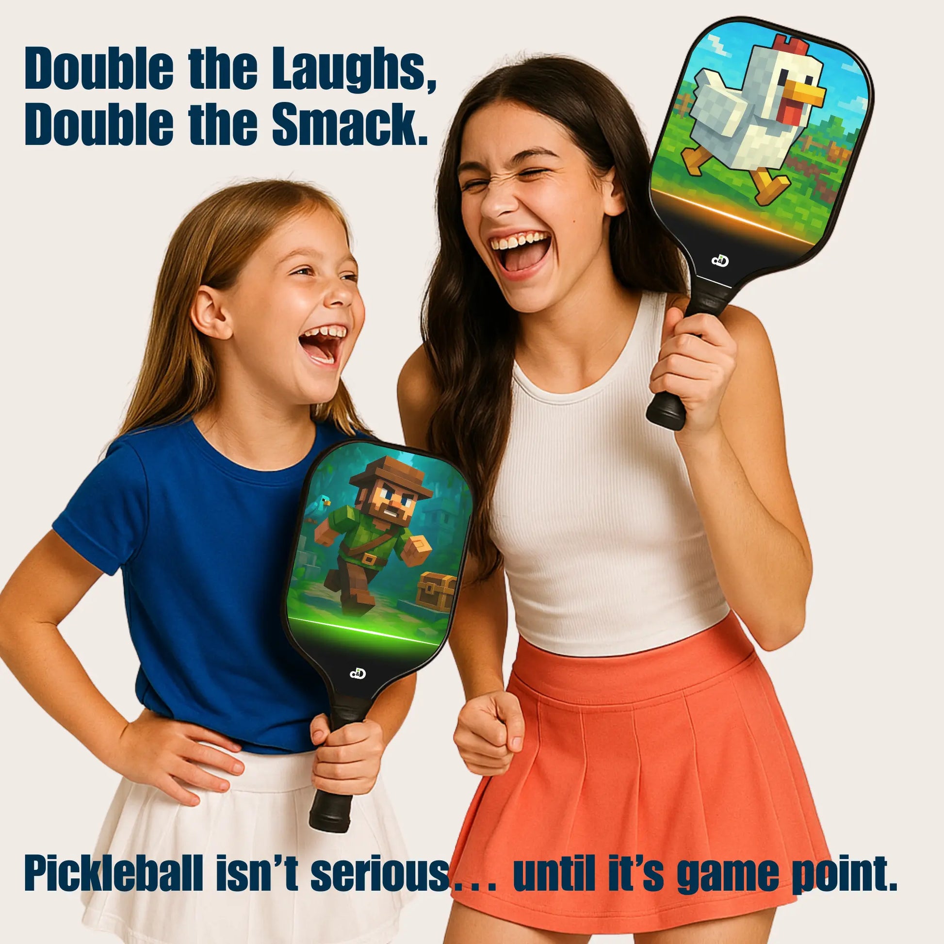 Two people holding pickleball paddles with cartoon characters on a white background