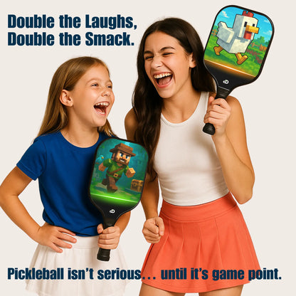 Two people holding pickleball paddles with cartoon characters on a white background