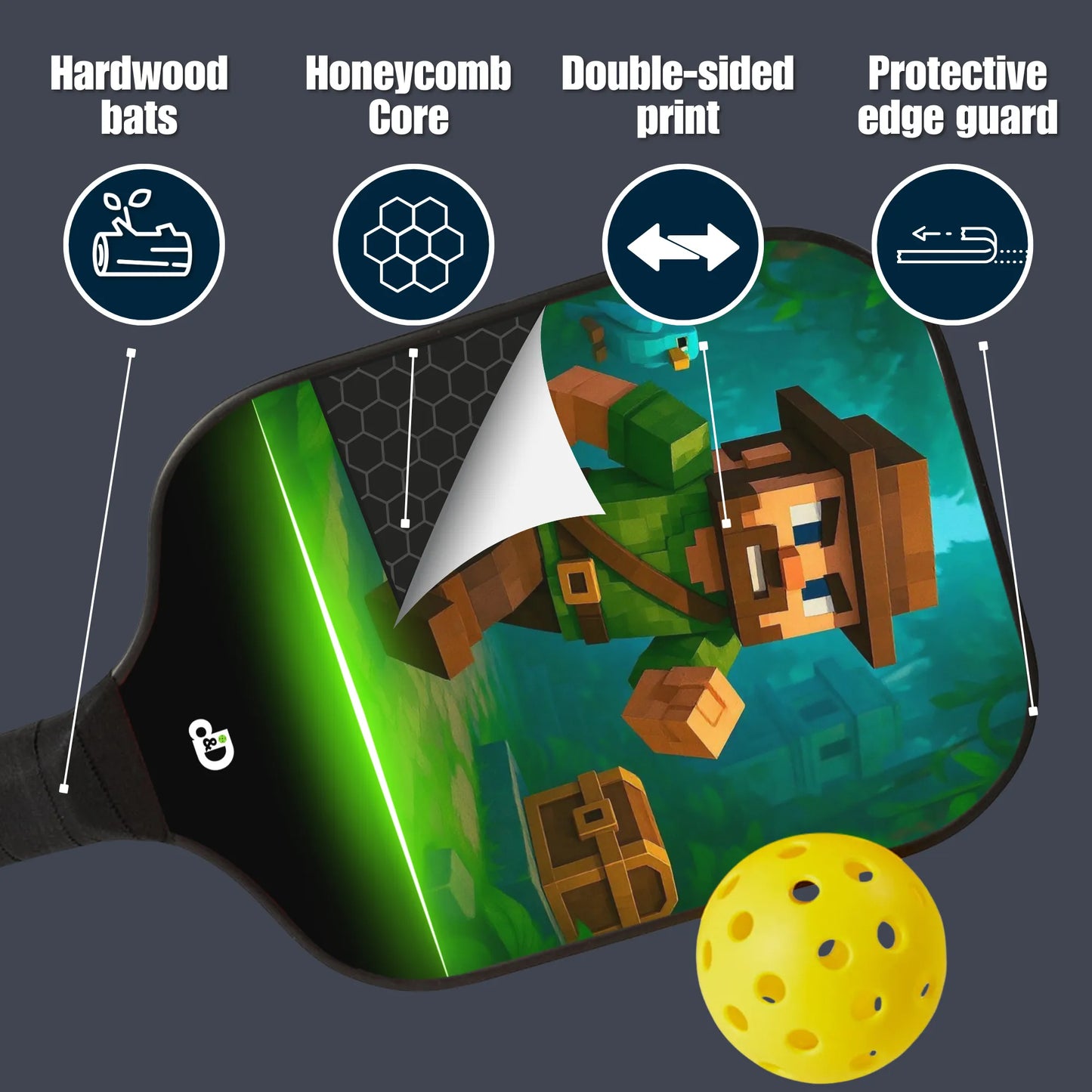 Pickleball paddle with Minecraft design and features listed