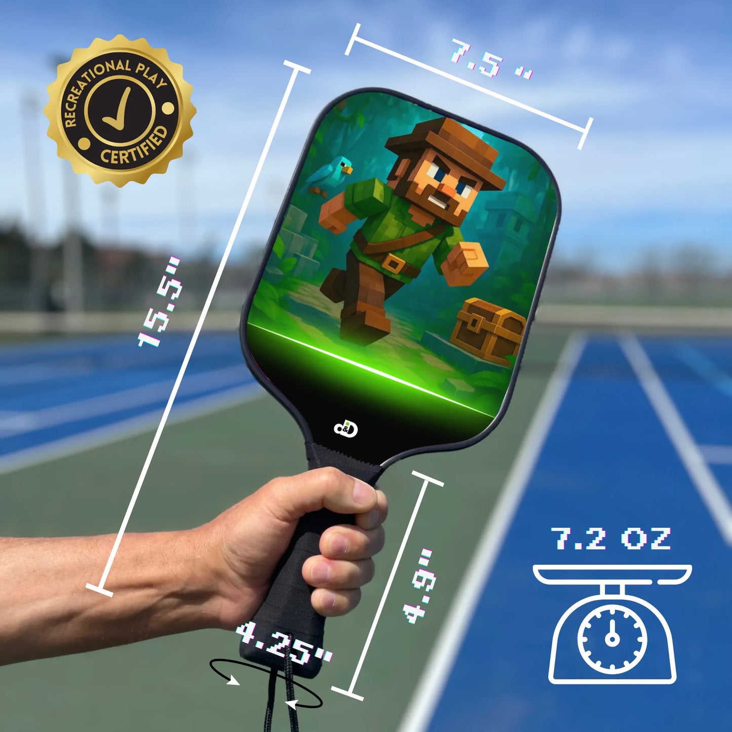 Pickleball paddle with Minecraft character design, measurements, and certification badge on a court background