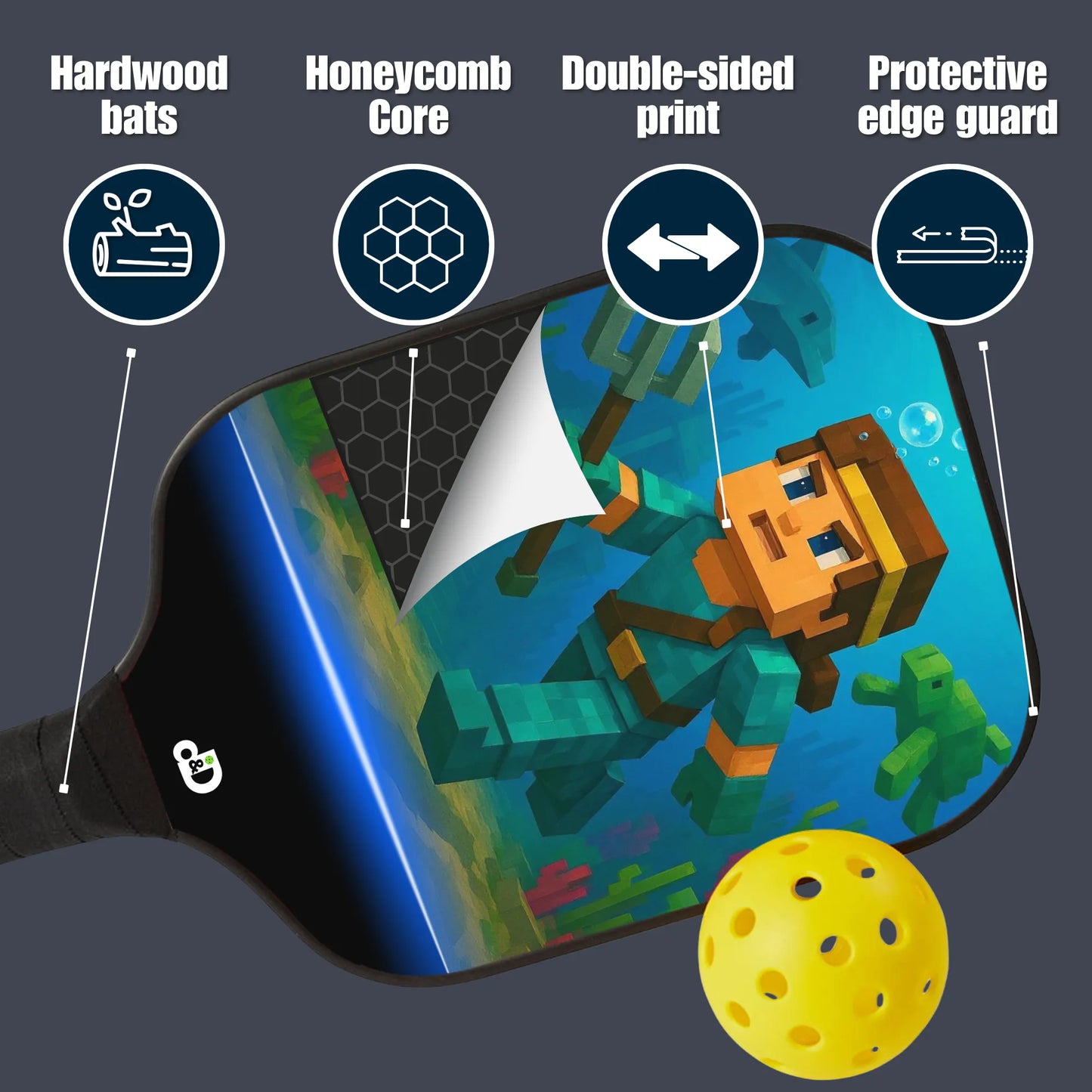 Illustration of a pickleball paddle with features highlighted and a yellow ball on a dark background.