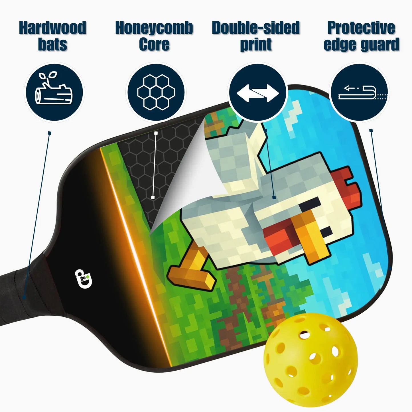 Pickleball paddle with Minecraft design and features listed