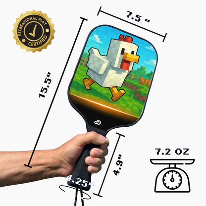 Pickleball paddle with cartoon duck design, held by a hand, with measurements and certification label.