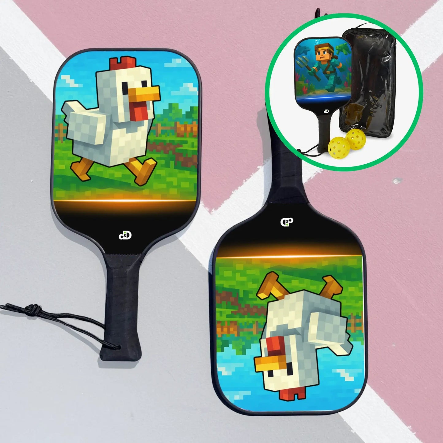 Two paddle sports paddles with pixelated chicken design on a pink and white striped background.