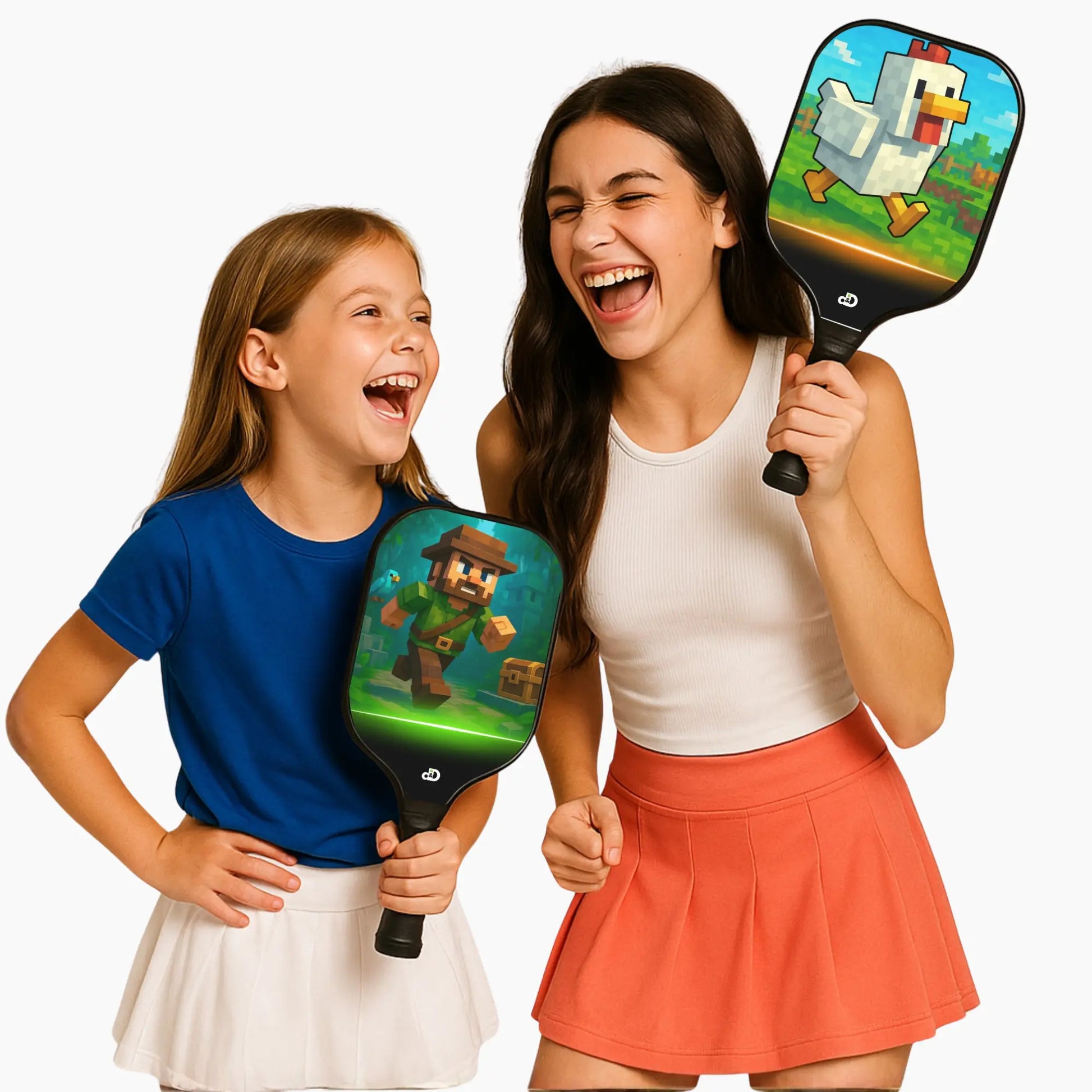 Two people holding pickleball paddles with cartoon characters on a white background