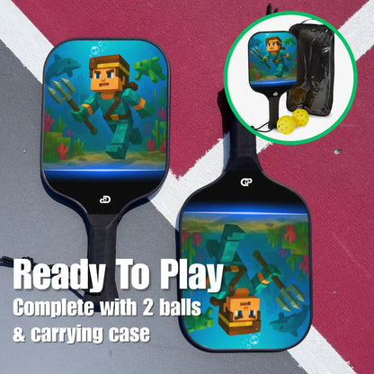 Two pickleball paddles with underwater-themed design on a court, complete with balls and carrying case.